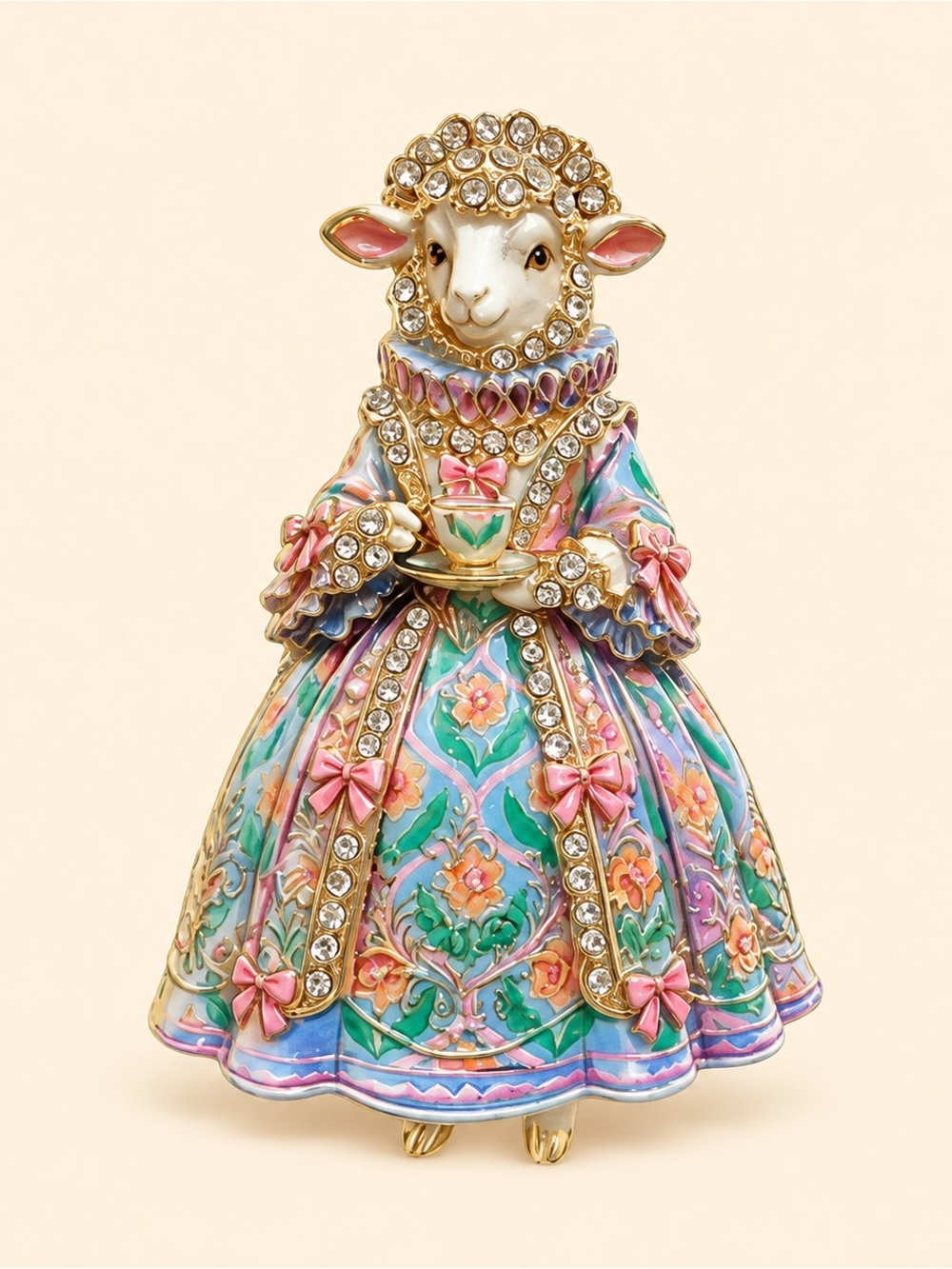 Victorian Sheep Lady Floral TeaLover Brooch